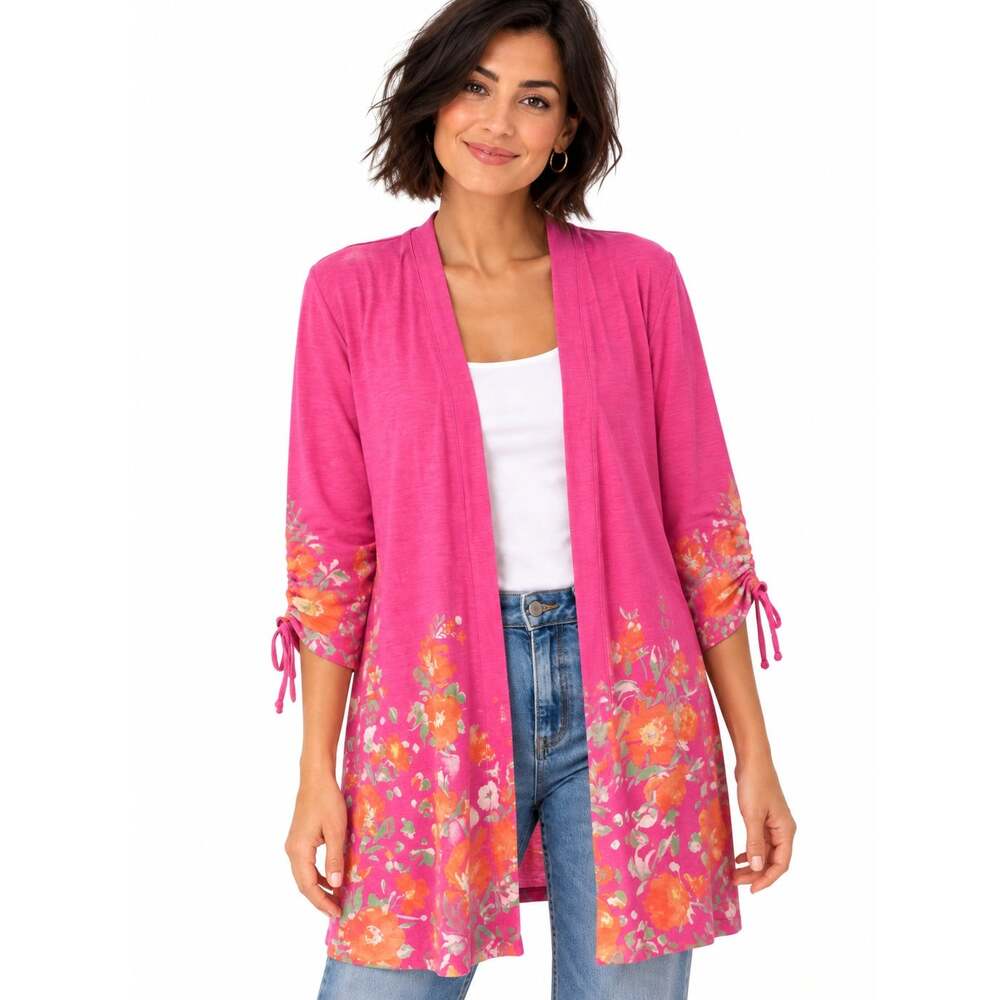 Belle by Kim Gravel Colorful Garden Cardigan Womens XL Pink Slub Knit Modal Soft